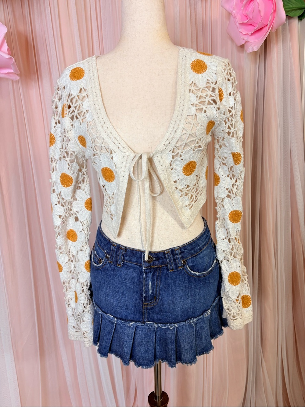 Crocheted Tie-Front Daisy Cardigan - Cream with Mustard Daisies